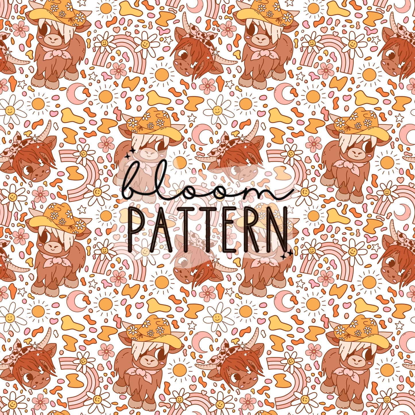 Highland Cow Floral Seamless Pattern