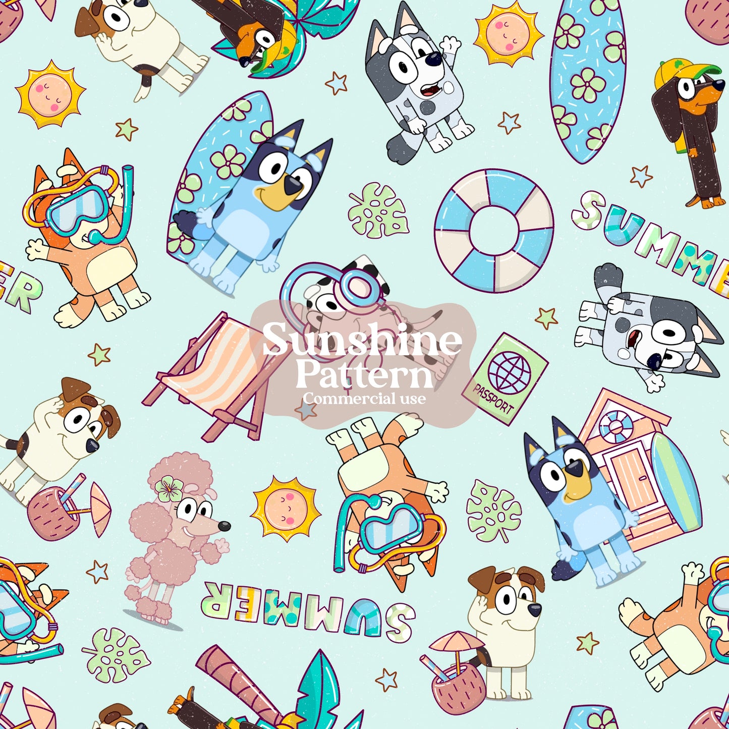 Blue Dog Summer Seamless Pattern