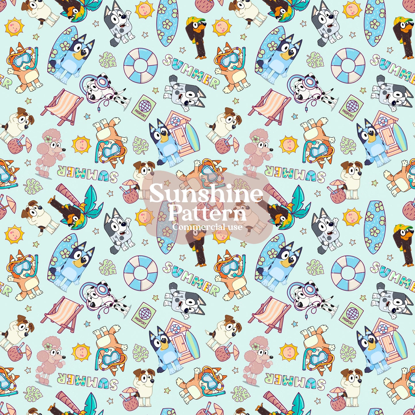 Blue Dog Summer Seamless Pattern