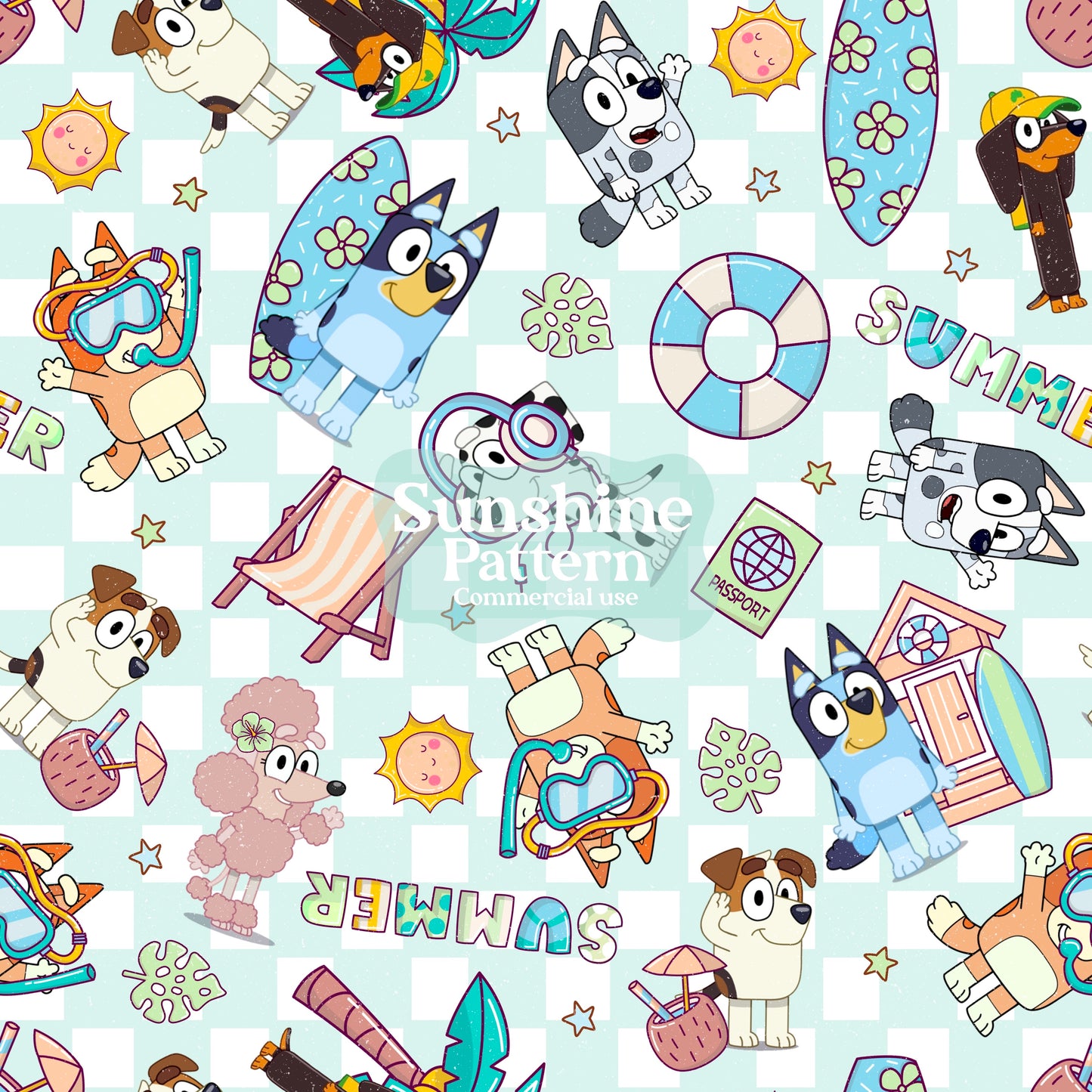 Blue Dog Summer Seamless Pattern