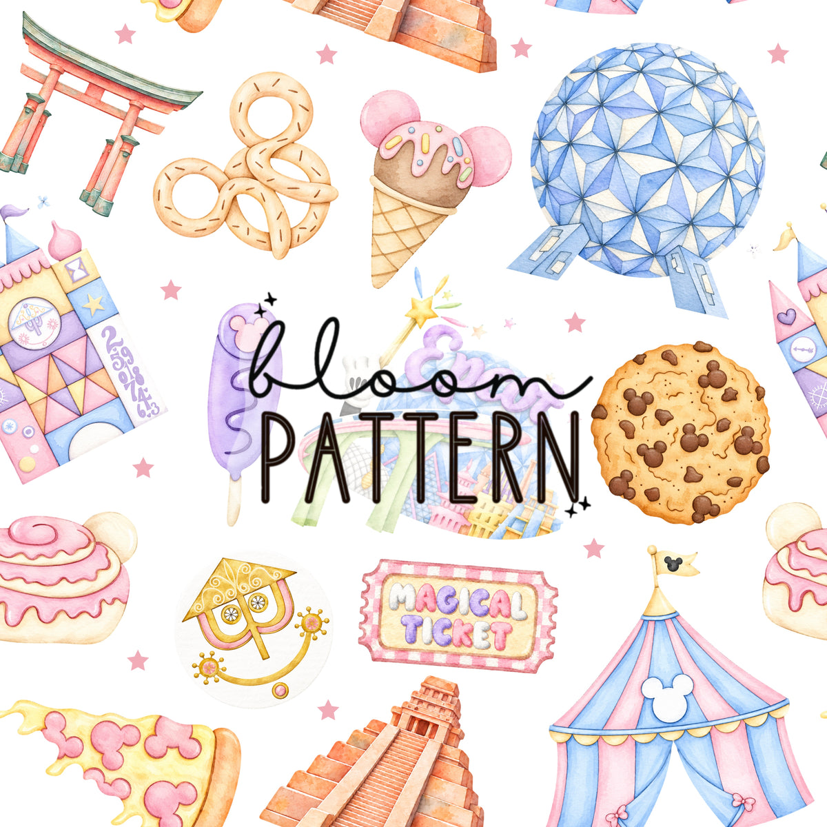 Watercolor Epcot Trip Seamless Pattern