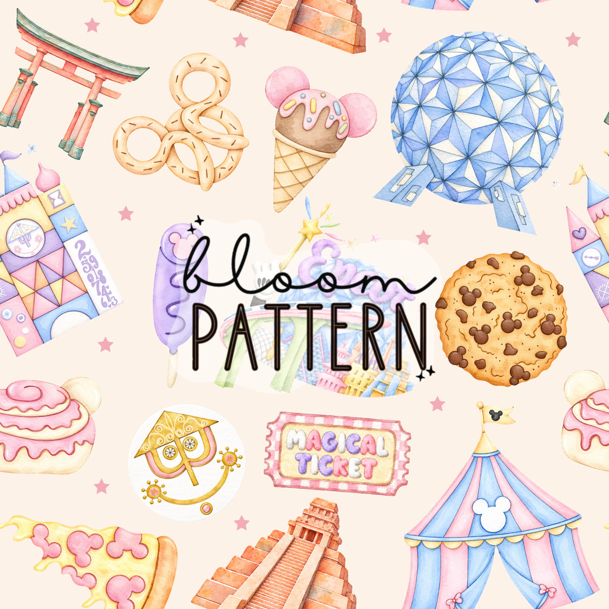 Watercolor Epcot Trip Seamless Pattern