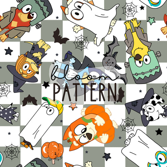 Halloween Blue Dog Spring Seamless Pattern