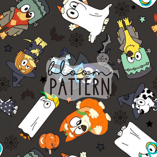 Halloween Blue Dog Spring Seamless Pattern