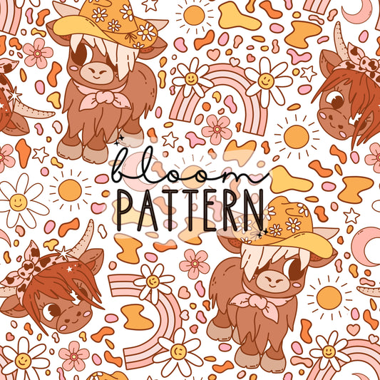 Highland Cow Floral Seamless Pattern